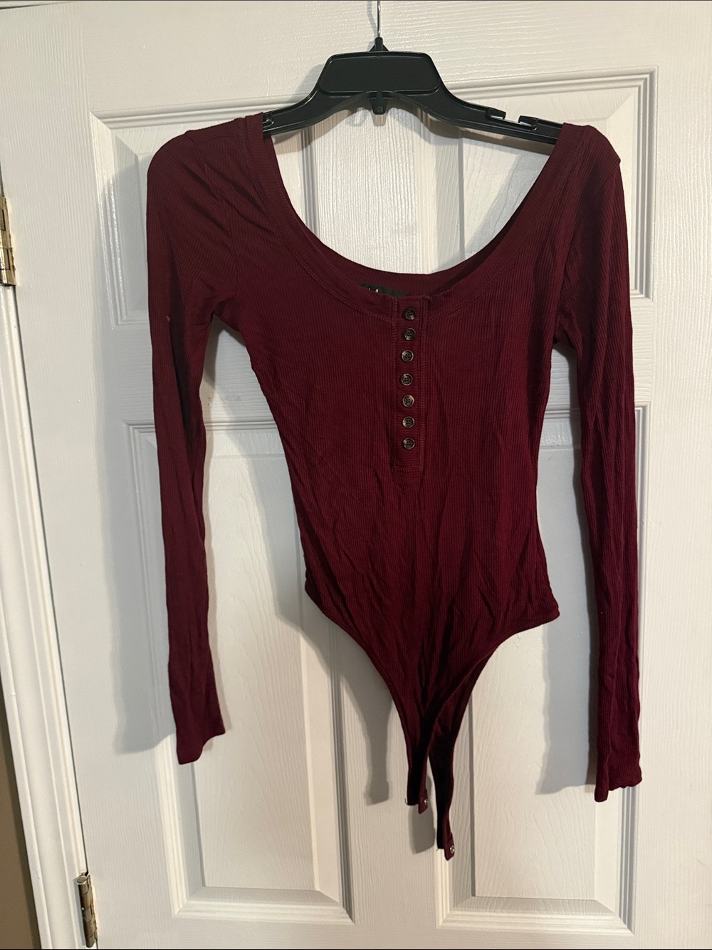 Lulu's Maroon Long-Sleeve Ribbed Button-Front Bodysuit